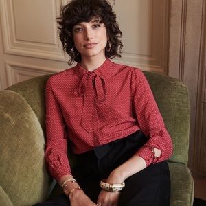 Sézane Silk Shirt Blouse in Red Polka Dot 38